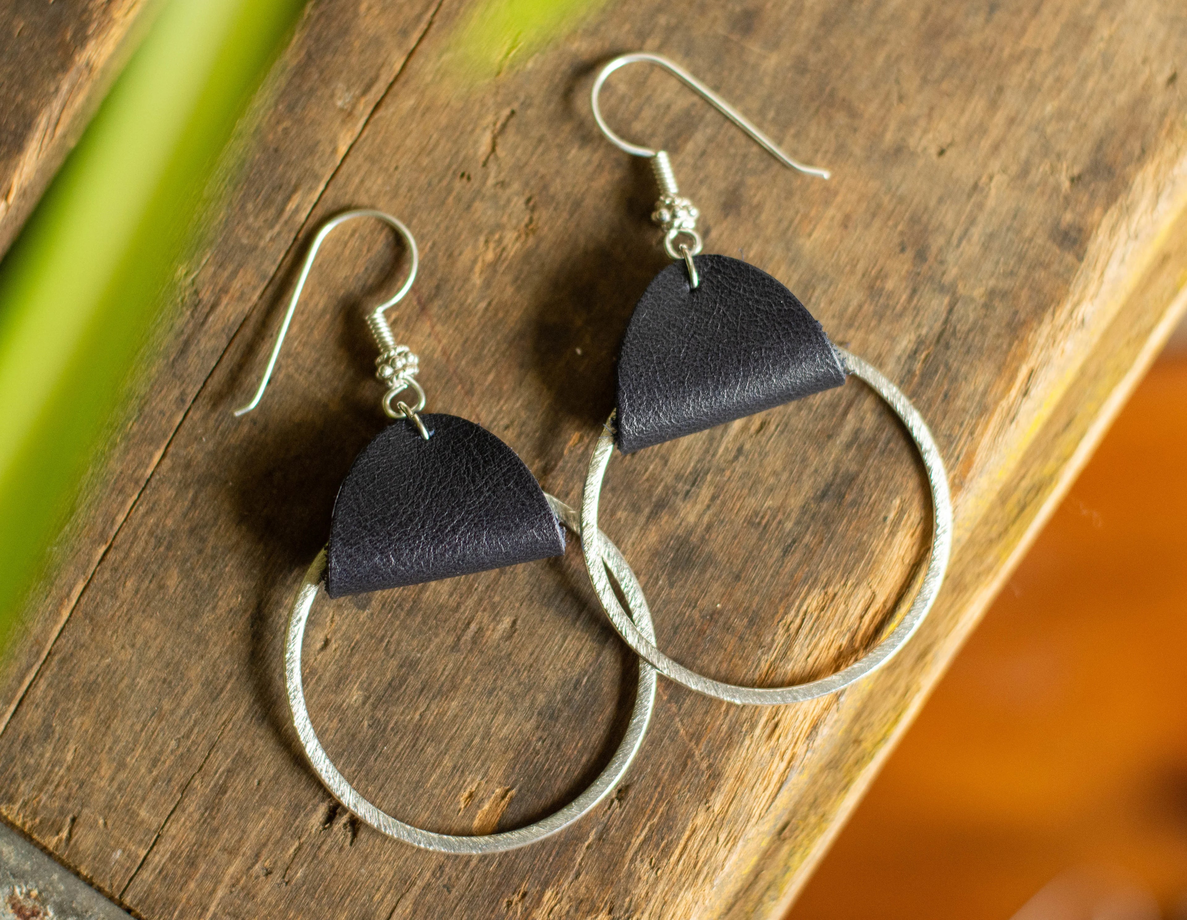 Leather Silver Hoops
