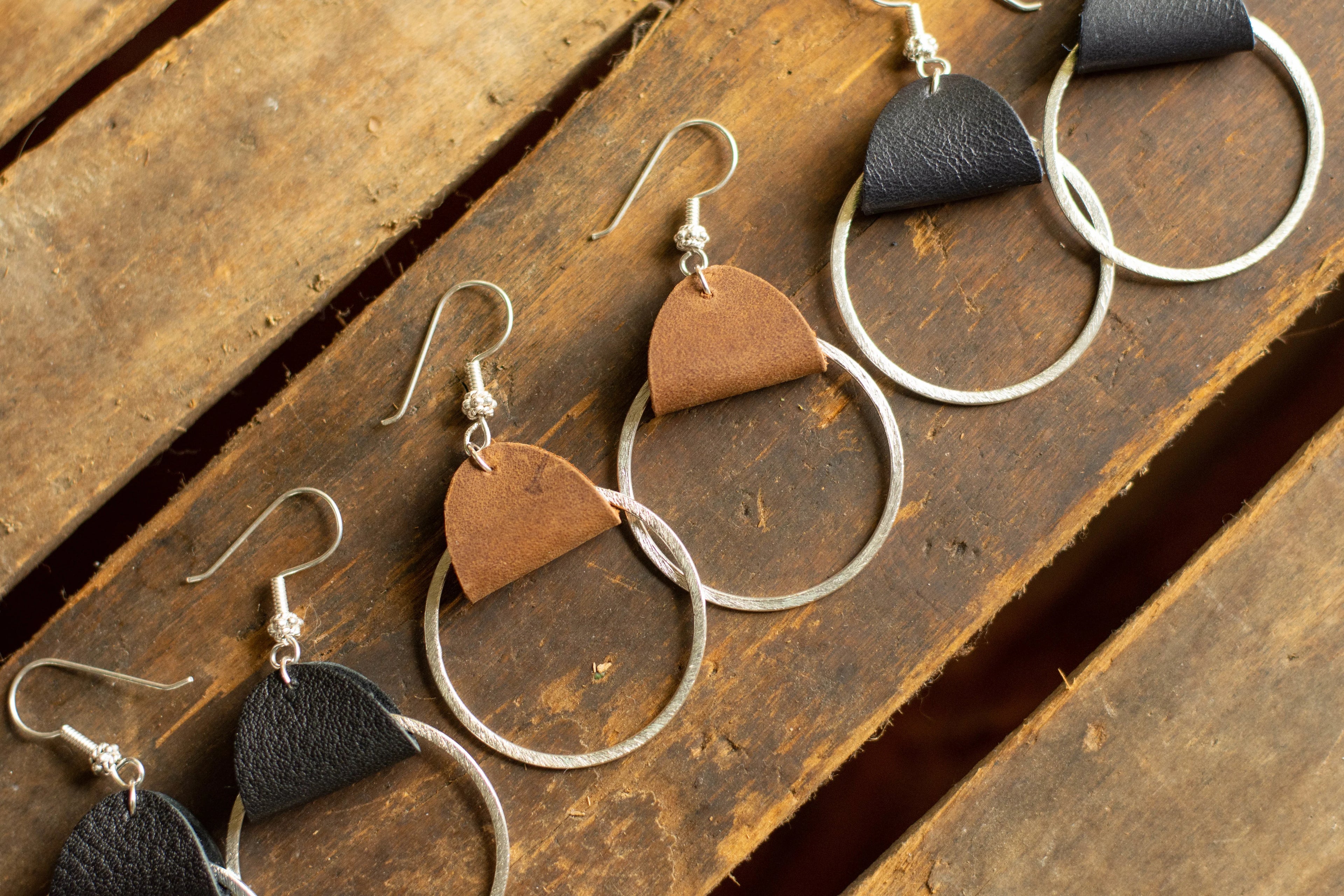 Leather Silver Hoops