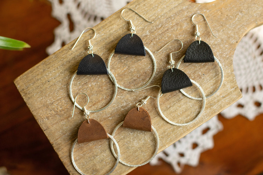 Leather Silver Hoops