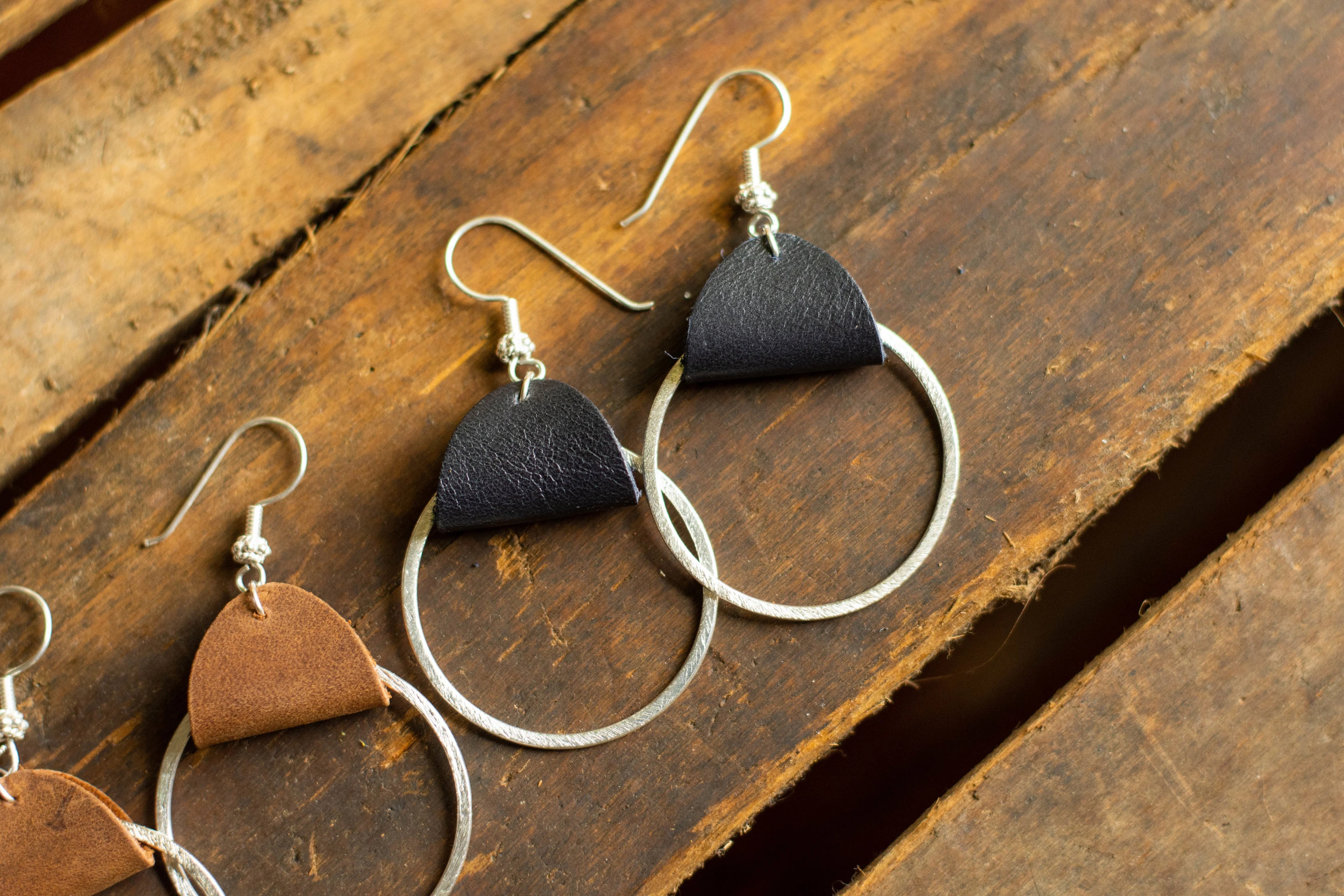 Leather Silver Hoops
