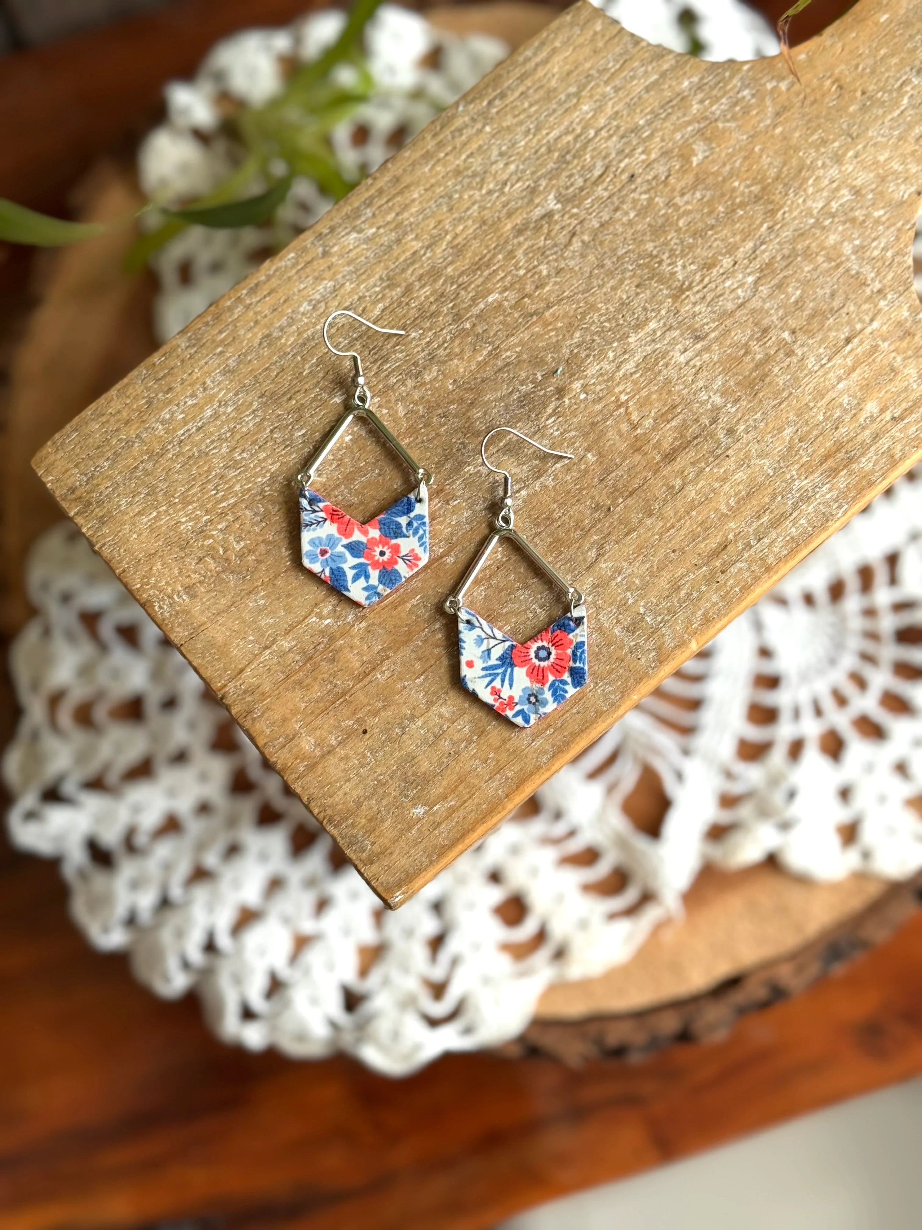 Red + Blue Floral Angled Dangle