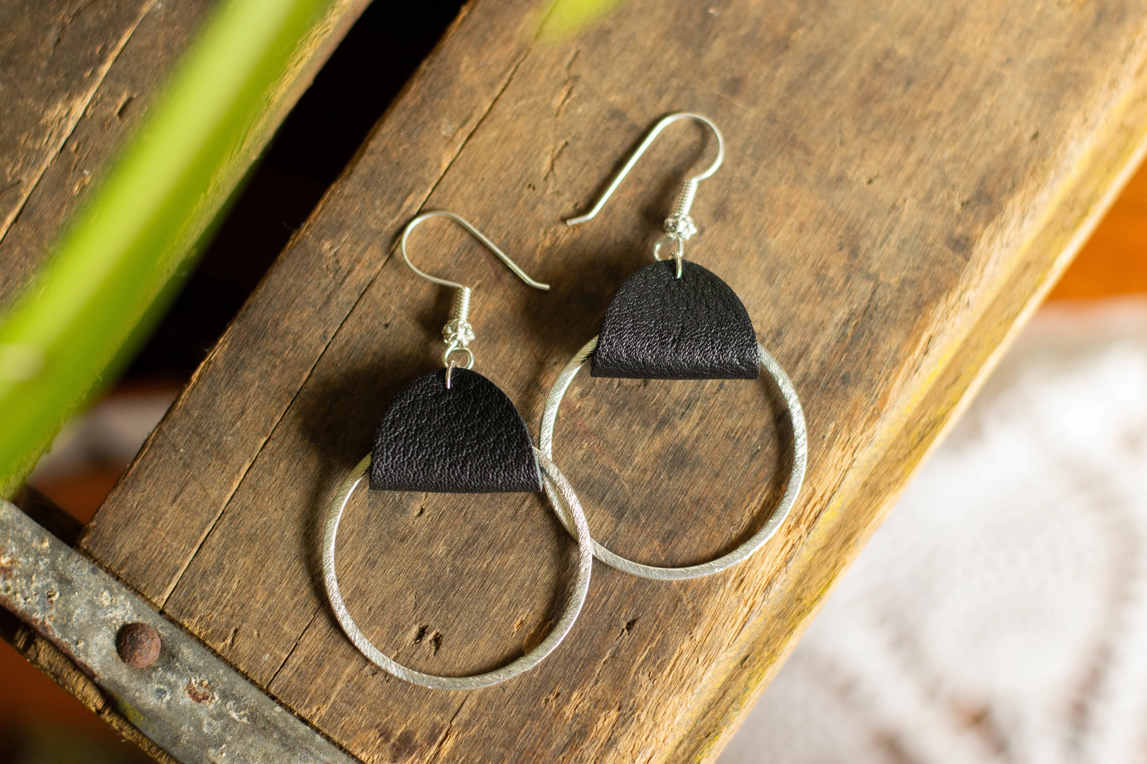 Leather Silver Hoops