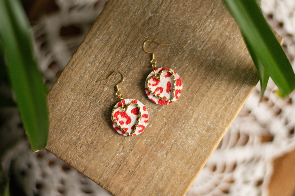 Red + Pink Leopard Heart Dangle